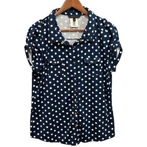 BCBG MaxAzria Polka Dot Snap Button Down Cap Sleeve Sz Large